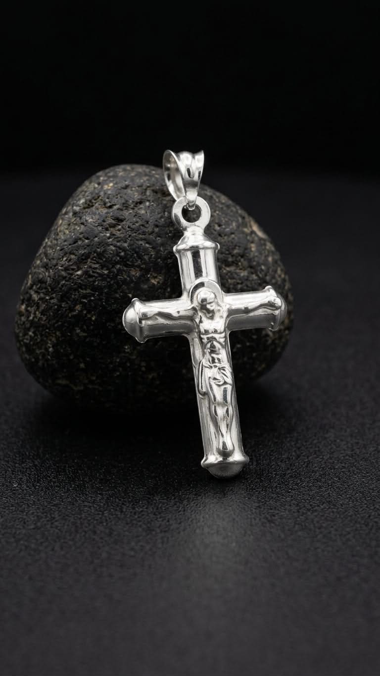 925 Sterling Silver Medium Crucifix Cross Pendant Gift - Round Tube Design