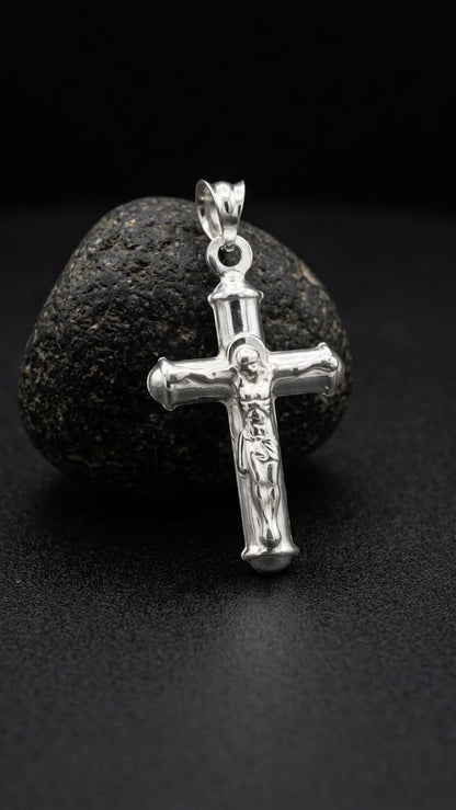 925 Sterling Silver Medium Crucifix Cross Pendant Gift - Round Tube Design