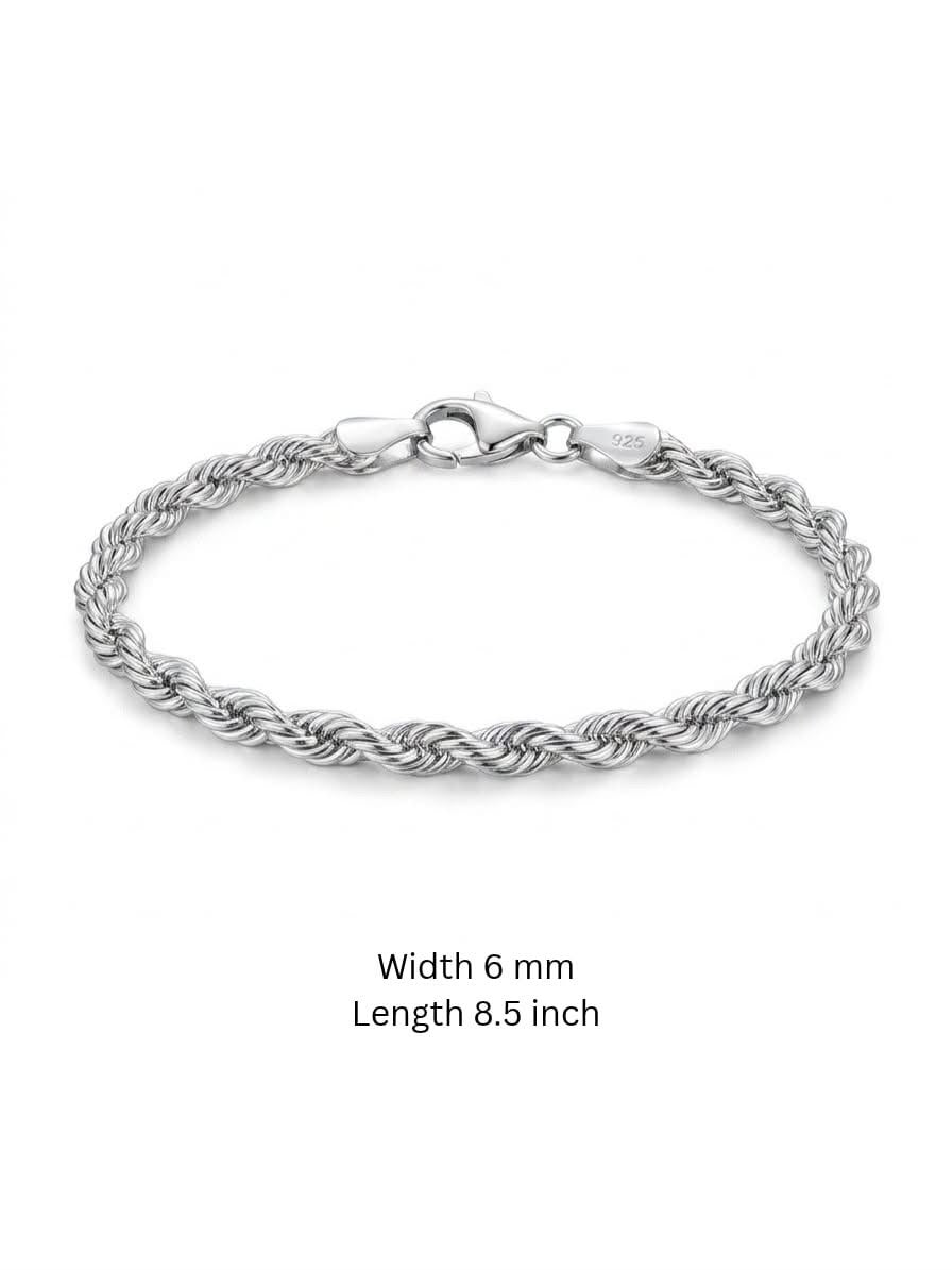 925 Sterling Silver Rope Bracelet 6mm Width - 8.5 inch