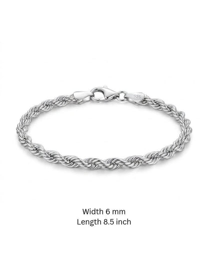 925 Sterling Silver Rope Bracelet 6mm Width - 8.5 inch