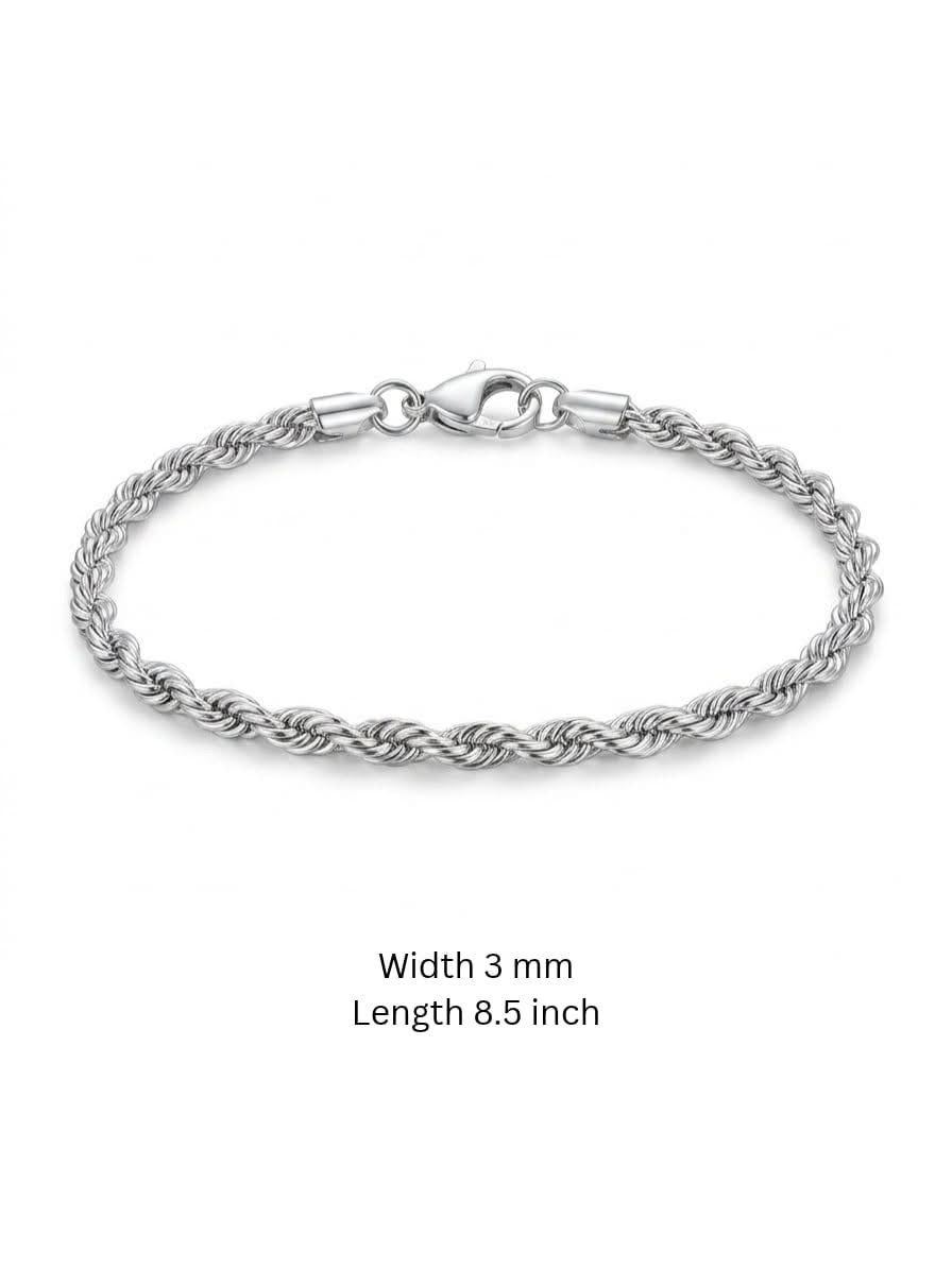 925 Sterling Silver Rope Bracelet 3mm Width - 8.5 inch