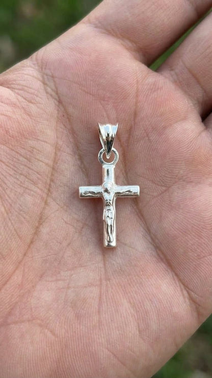 925 Sterling Silver Small Crucifix Cross Pendant Gift -Round Tube Desing