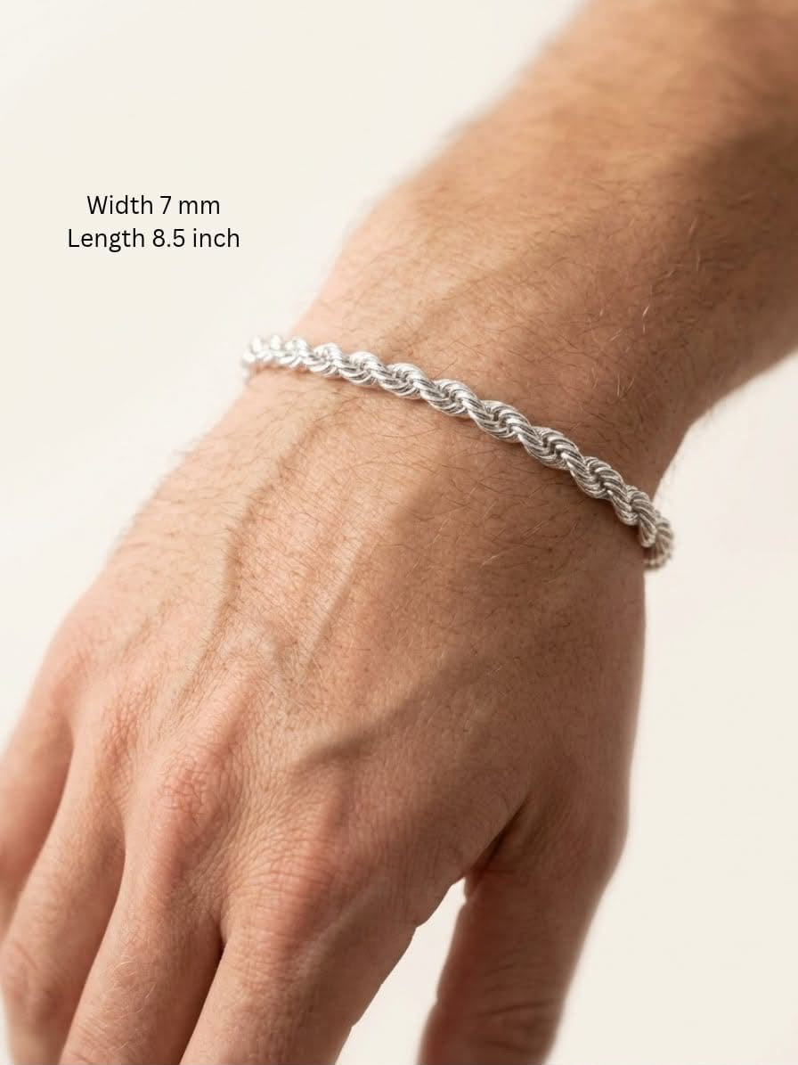 925 Sterling Silver Rope Bracelet 7mm Width - 8.5 inch