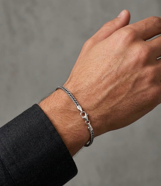 Chain the Men Black Silver Men's 3mm Curb Bracelet - Bat Design