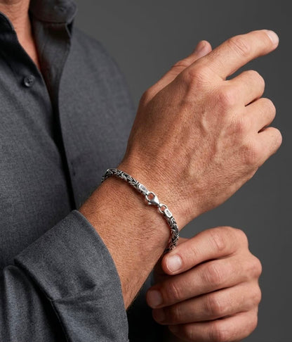 Chain the Men Black Silver Mens 3mm Byzantine King Round Link Bracelet - Holiday Design