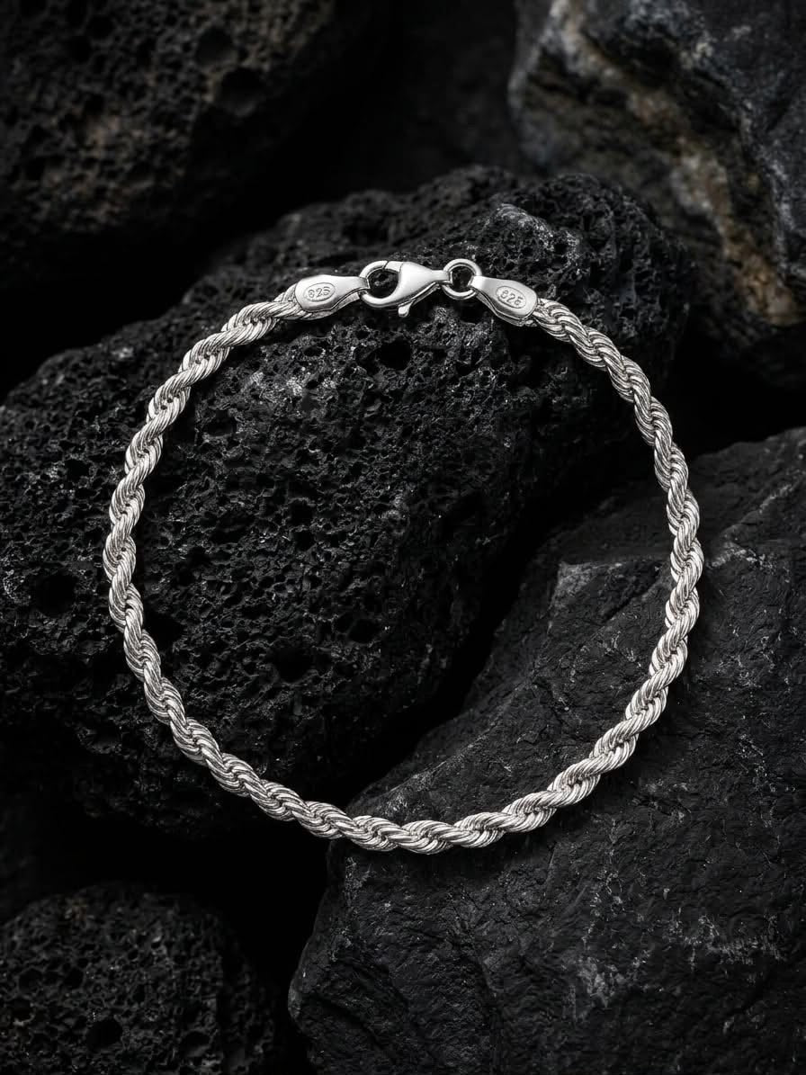 925 Sterling Silver Rope Bracelet 4mm Width - 8.5 inch