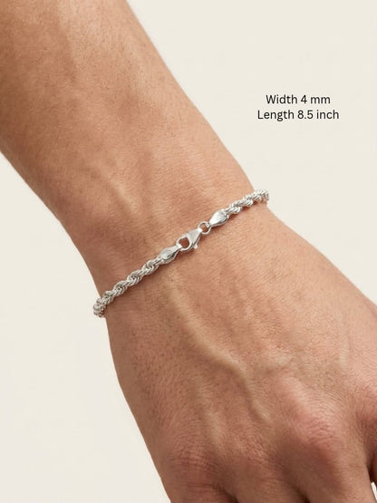 925 Sterling Silver Rope Bracelet 4mm Width - 8.5 inch