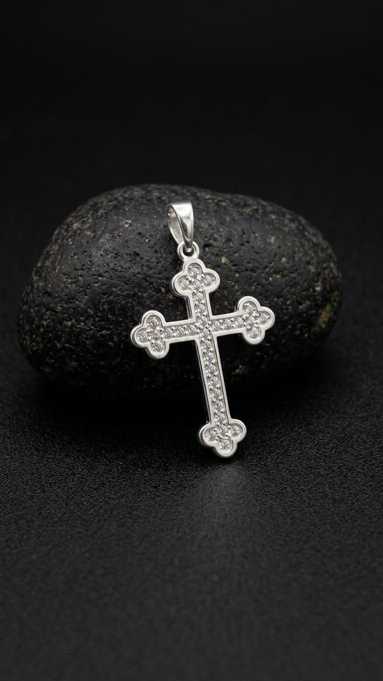 925 Sterling Silver Orthodox Crystal Cross Pendant Gift - Round Tube Design