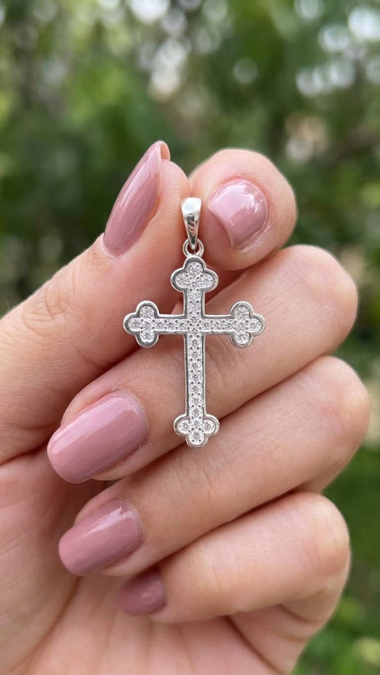 925 Sterling Silver Orthodox Crystal Cross Pendant Gift - Round Tube Design