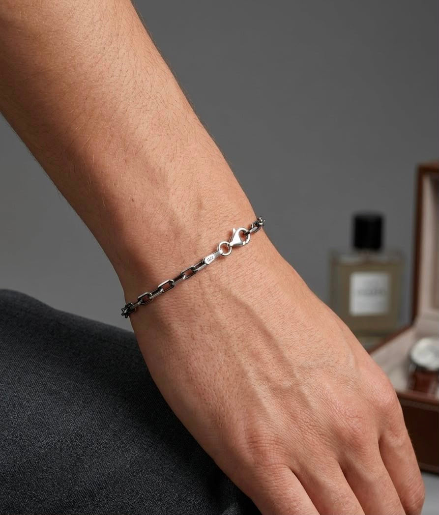Chain the Men Black Silver Mens 3mm Cable Bracelet - Road Trip Design