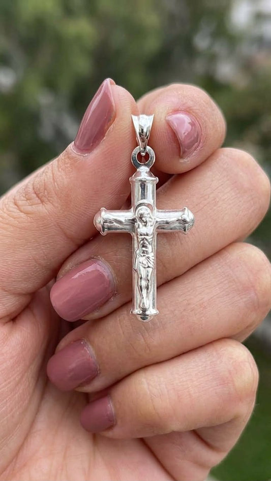 925 Sterling Silver Medium Crucifix Cross Pendant Gift - Round Tube Design