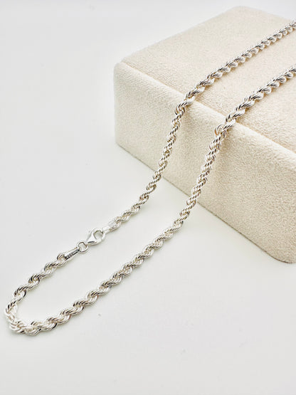 Sterling Silver Solid Twisted Rope Chain Necklace - 4mm width - 18” 20” 22” 24” Length