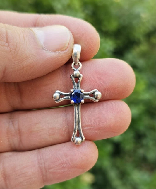 925 Sterling Silver Blue Sapphire Stone Setted Cross Pendant Gift