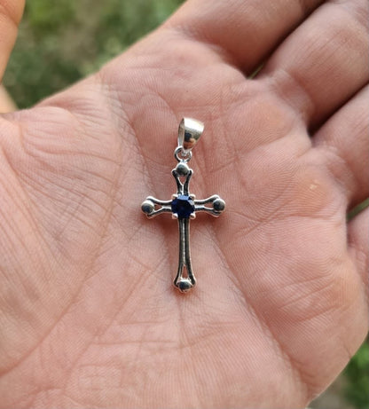 925 Sterling Silver Blue Sapphire Stone Setted Cross Pendant Gift