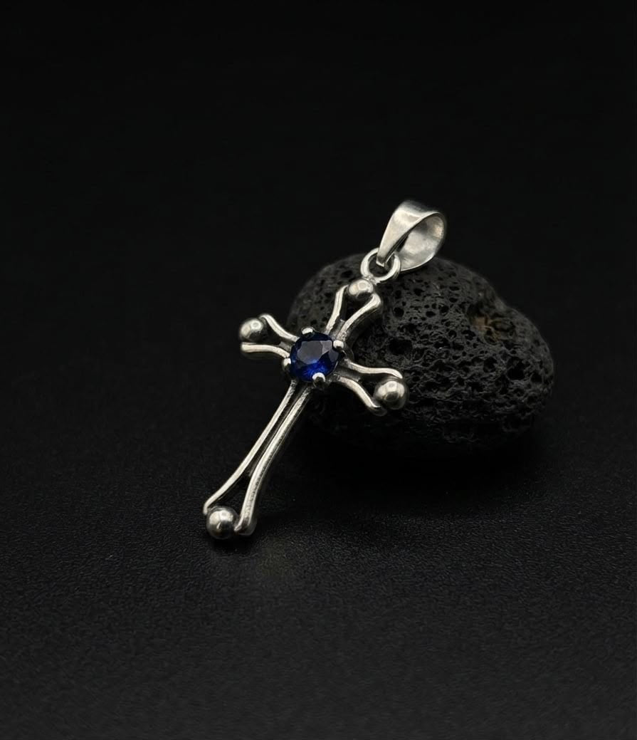 925 Sterling Silver Blue Sapphire Stone Setted Cross Pendant Gift