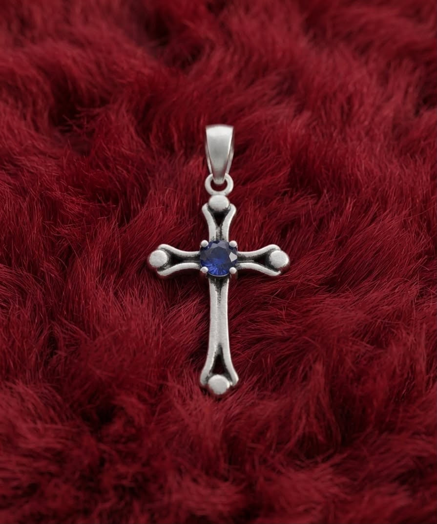 925 Sterling Silver Blue Sapphire Stone Setted Cross Pendant Gift