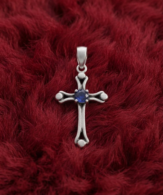 925 Sterling Silver Blue Sapphire Stone Setted Cross Pendant Gift