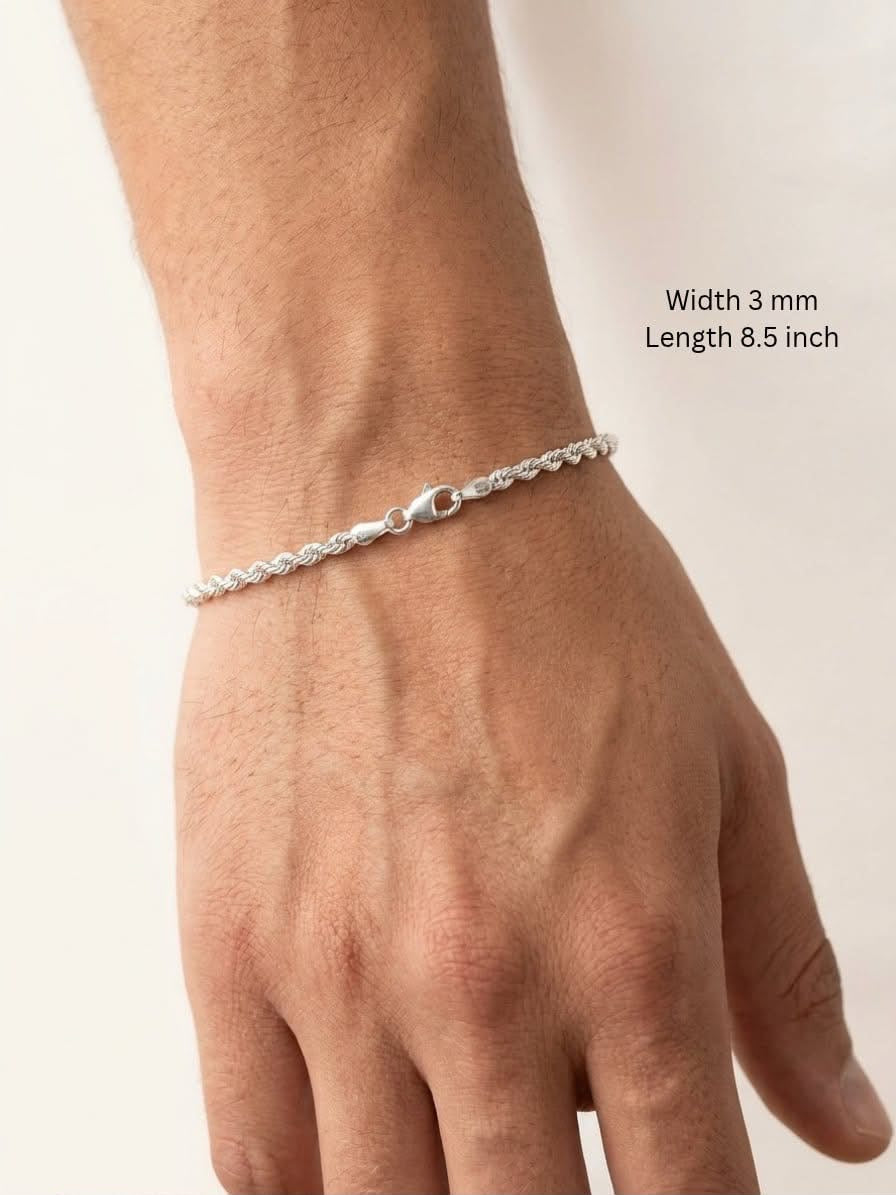 925 Sterling Silver Rope Bracelet 3mm Width - 8.5 inch