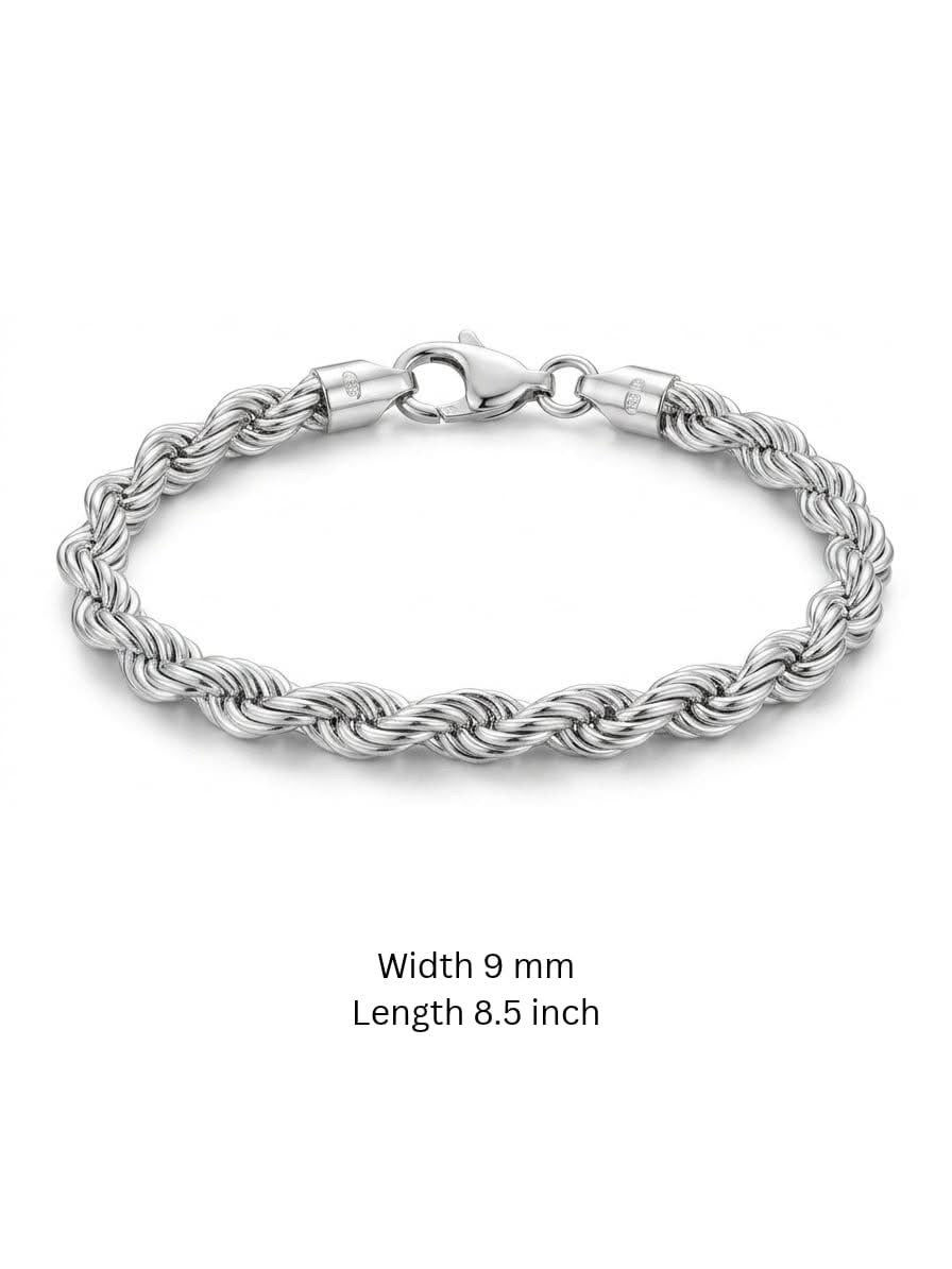 925 Sterling Silver Large Rope Bracelet 9mm Width - 8.5 inch