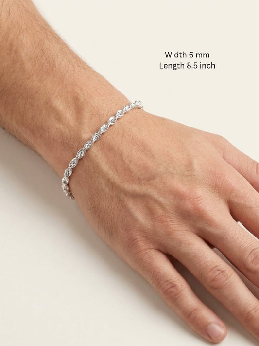 925 Sterling Silver Rope Bracelet 6mm Width - 8.5 inch