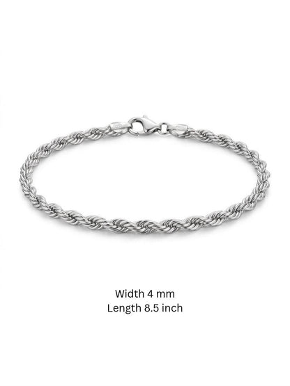 925 Sterling Silver Rope Bracelet 4mm Width - 8.5 inch
